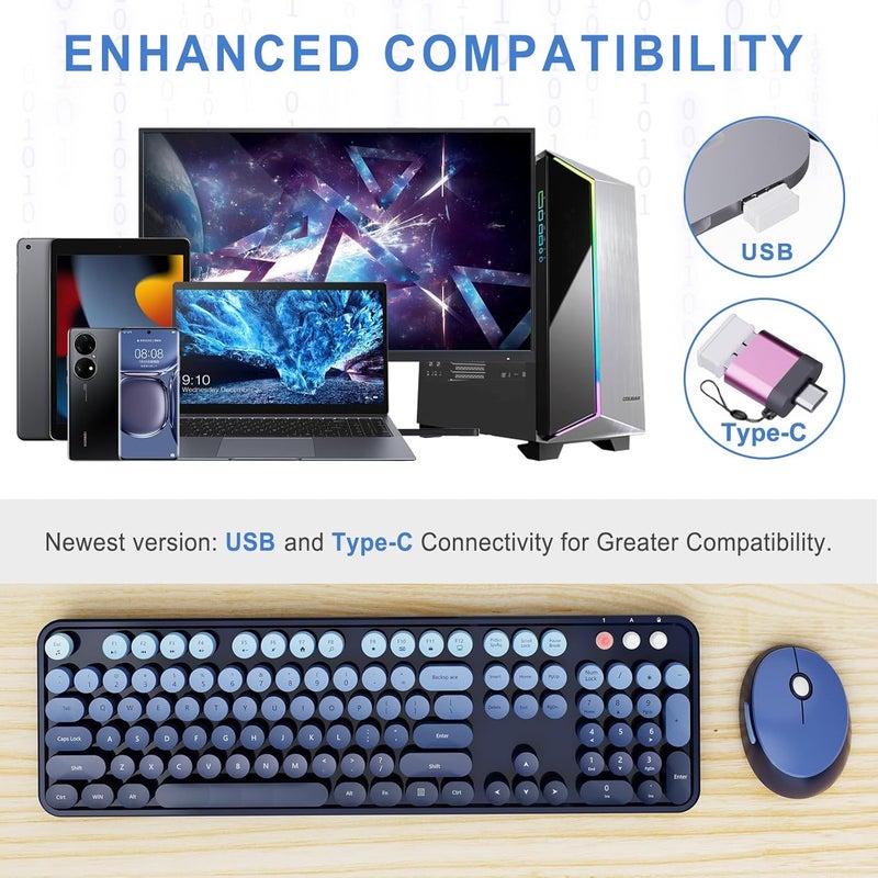 SkyGive Wireless Keyboard and Mouse Combo, Ergonomic Full Size Typewriter Retro Round Keycaps Keyboard, Compatible with Windows, PC, Perfer for Home and Office Keyboards (Twilight Blue - Image 2